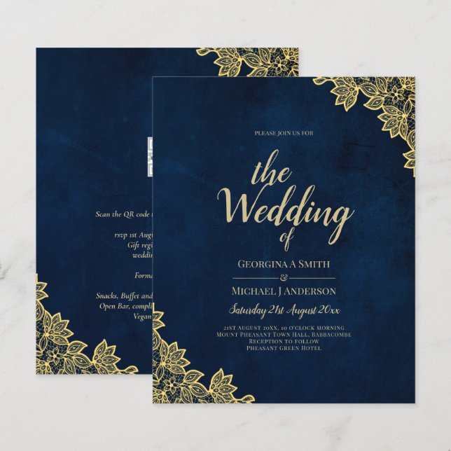 Convites de casamento Dourados de Marinho de renda (Frente/Verso)