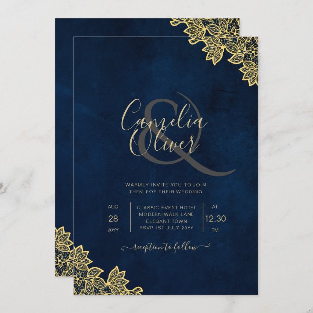 Convites de casamento Dourados de Marinho de renda (Frente/Verso)