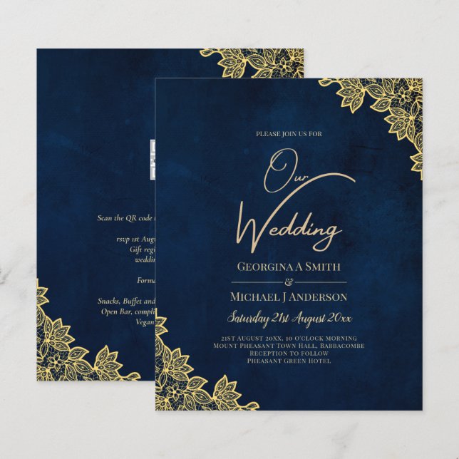 Convites de casamento Dourados de Marinho de renda (Frente/Verso)