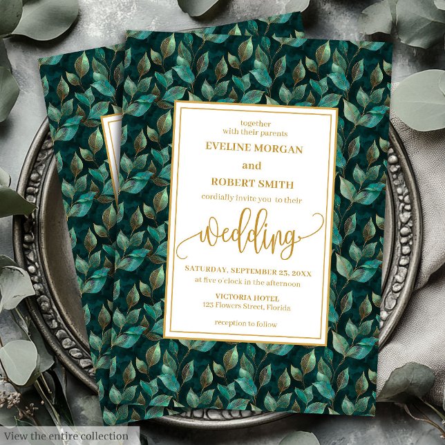 Convites de casamento Dourados Eucalyptus Verdes T (Trendy Dark Green Gold Eucalyptus Wedding Invitation)