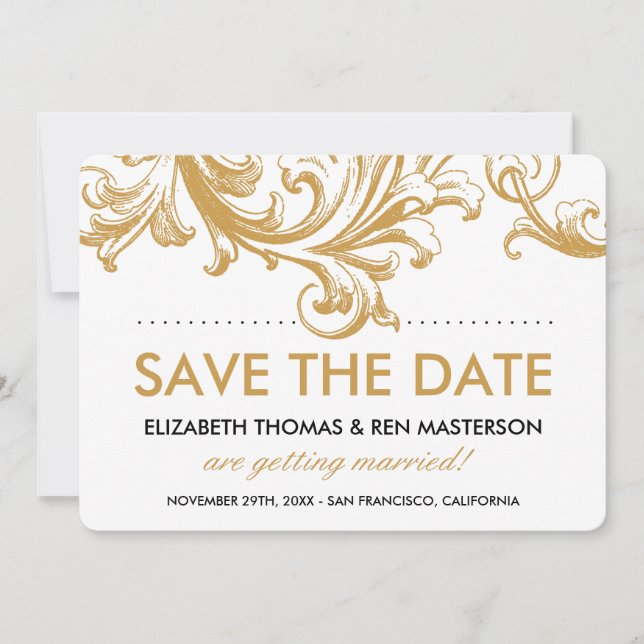 Convites de casamento dourados florais antigos (Frente)