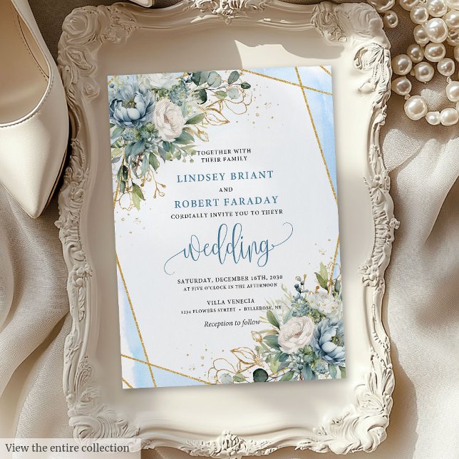 Convites de casamento Dourados Florais Chic Pastel (Chic Pastel Blue Sage Gold Floral Wedding Invitation)
