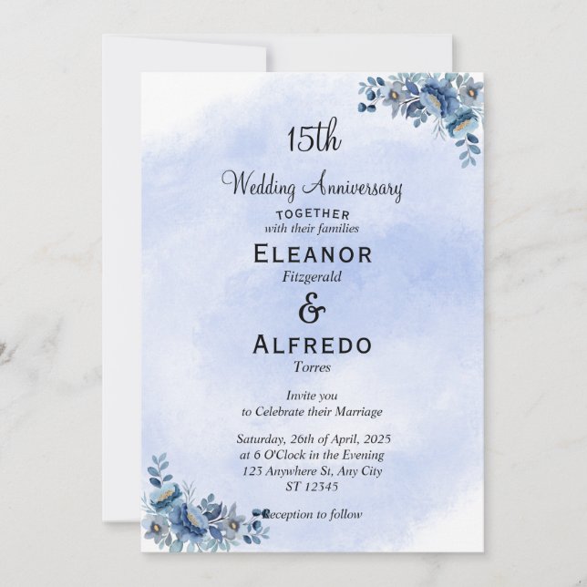 Convites de Casamento e Aniversário Florais Azul C (Frente)