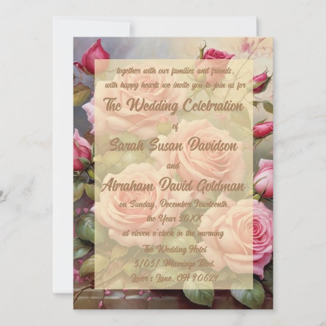 Convites de Casamento Elegantes com Rosas Cor-de-R (Frente)