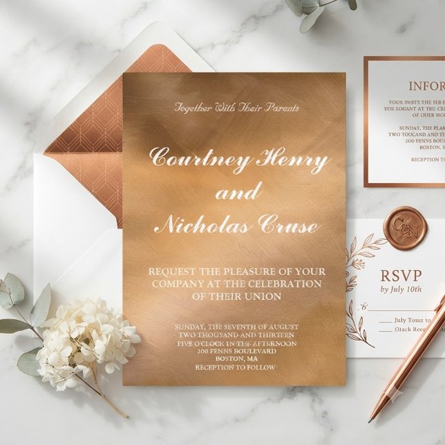 Convites de Casamento Elegantes de Cobre e Branco (Criador carregado)