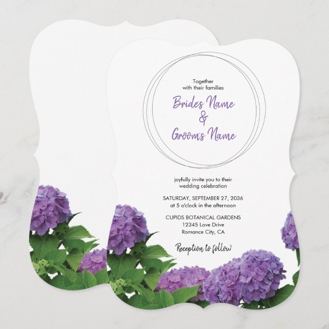 Convites de Casamento Elegantes de Hortênsias Roxa (Frente/Verso)