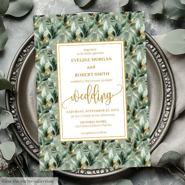 Convites de casamento Elegantes e Dourados de Euca (Elegant Deep Green Gold Eucalyptus Wedding Invitation)