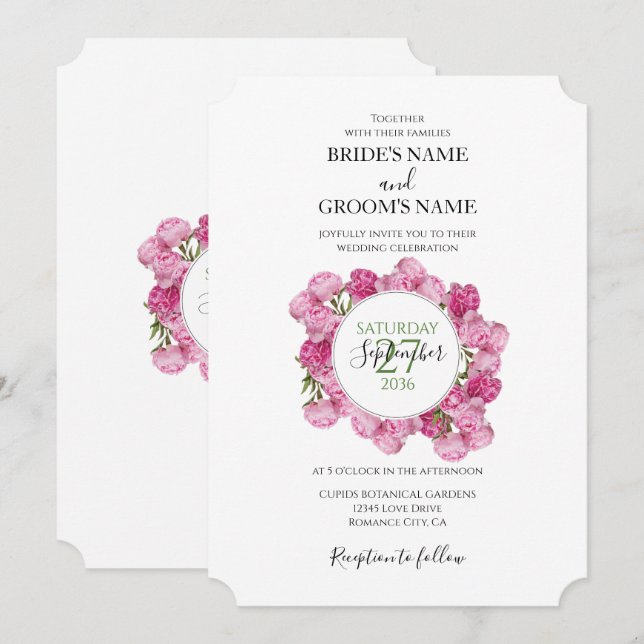 Convites de Casamento Elegantes Peônias Rosa (Frente/Verso)