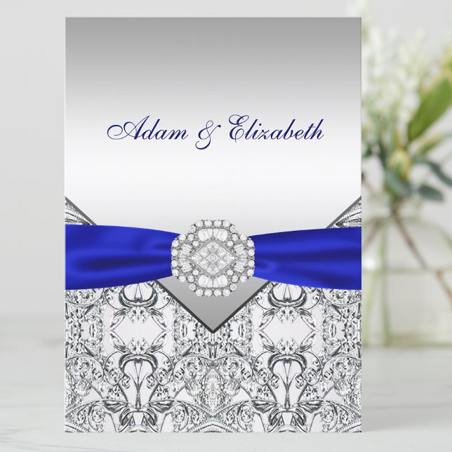 Convites de Casamento Elegantes Prata e Azul Real (Beautiful royal blue and silver invitation. Simply add your event details to the front and back.)