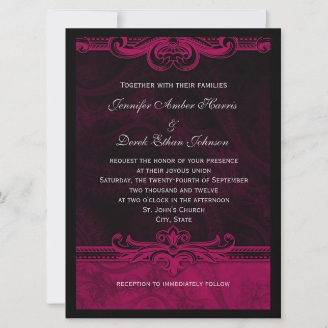 Convites de Casamento Elegantes Preto e Rosa com R (Frente)