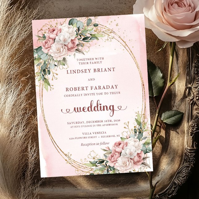 Convites de Casamento Elegantes Rosa Dourado com V (Elegant Rose Gold Greenery Blush Wedding Invitation)