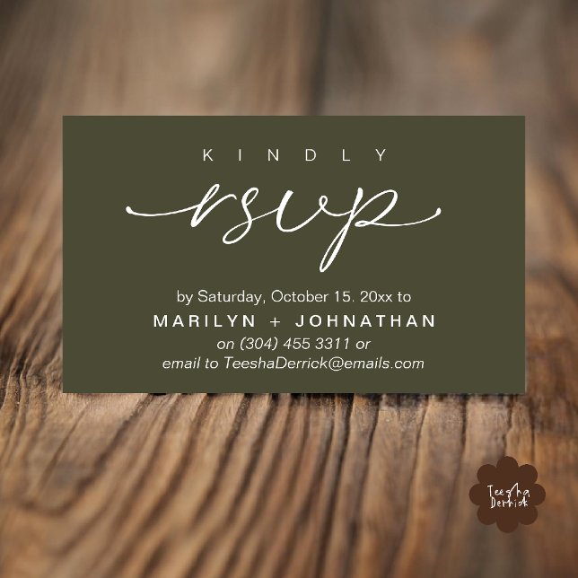 Convites de Casamento Elegantes RSVP via Telefone  (Elegant Wedding Invites RSVP via Phone or Email Card in olive green)
