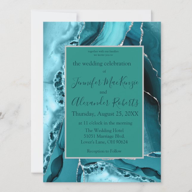 Convites de Casamento em Ágata Azul Teal Prata Per (Frente)