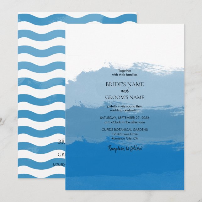 Convites de Casamento em Aquarela Azul de Praia (Frente/Verso)