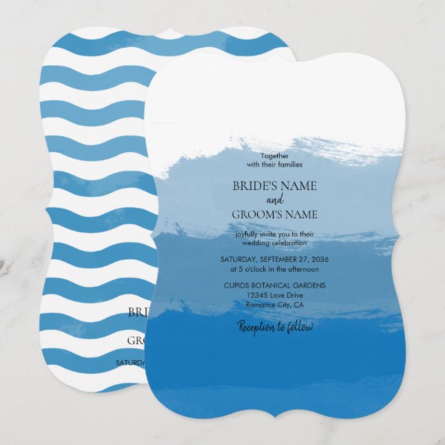Convites de Casamento em Aquarela Azul de Praia (Frente/Verso)