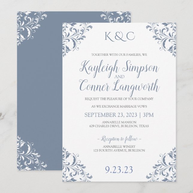 Convites de Casamento em Azul Empoeirado | Elegant (Frente/Verso)
