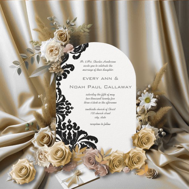 Convites de Casamento em Damasco Preto Vintage (Criador carregado)
