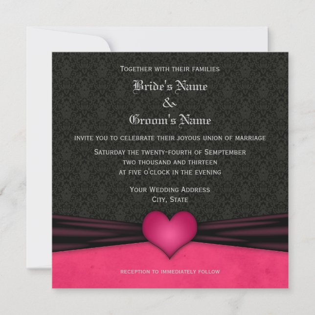 Convites de Casamento em Damasco Rosa Brilhante e  (Frente)