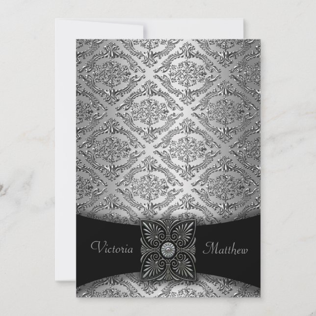 Convites de Casamento em Damask Preto e Prata (Frente)