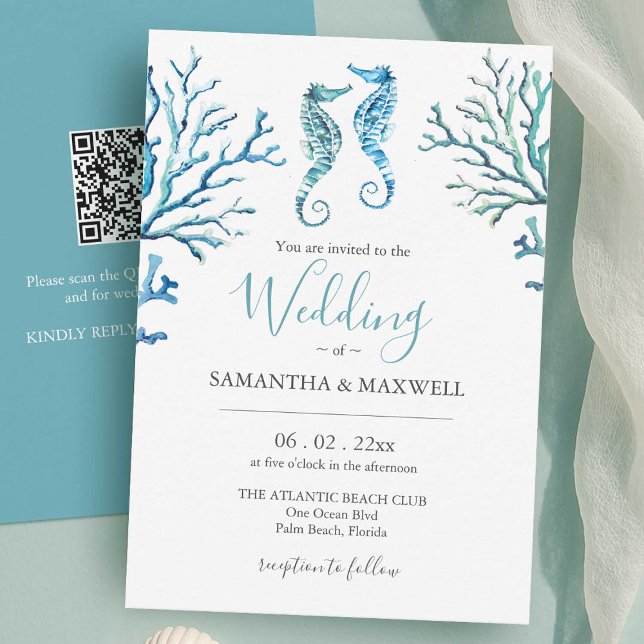 Convites De Casamento Em Um Cavalo De Praia De Orç (Beach wedding invitations with qr code designed with watercolor seahorses and coral in blue)