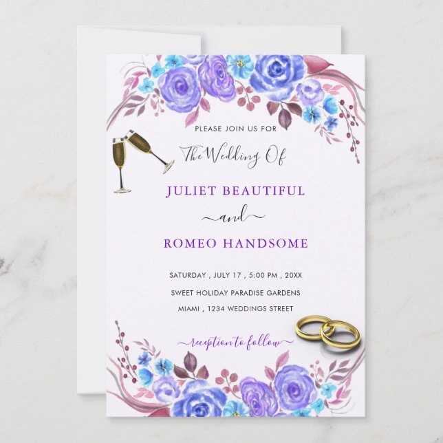 Convites de Casamento Exemplo Champanhe e Alianças (Frente)