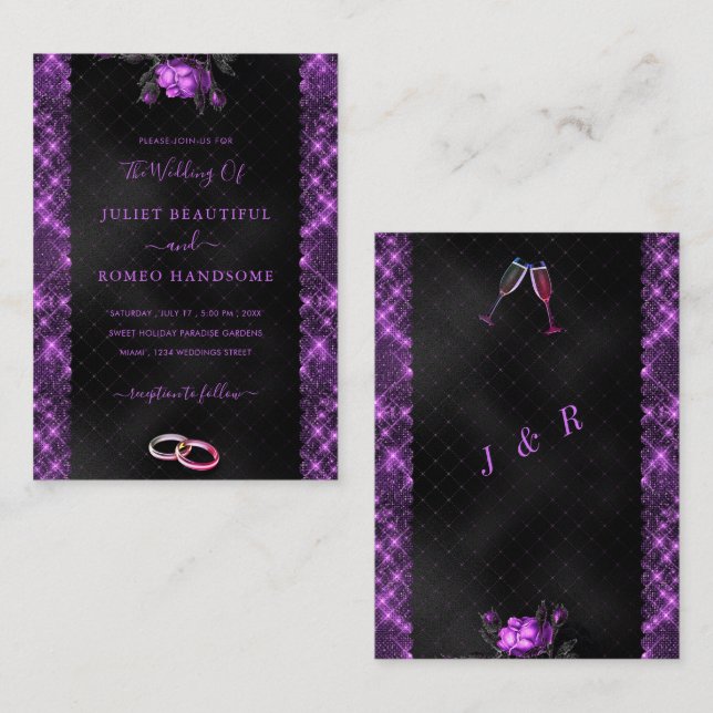 Convites de Casamento Exemplo Roxo Preto com Brilh (Frente/Verso)