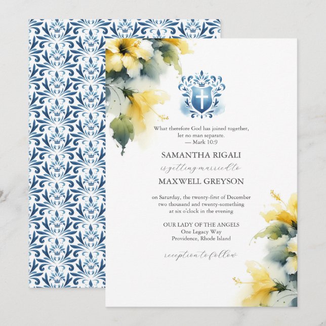 Convites de Casamento Florais Amarelos e Azuis Cri (Frente/Verso)