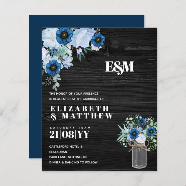 CONVITES DE CASAMENTO Florais Azuis BUDGET (Frente/Verso)