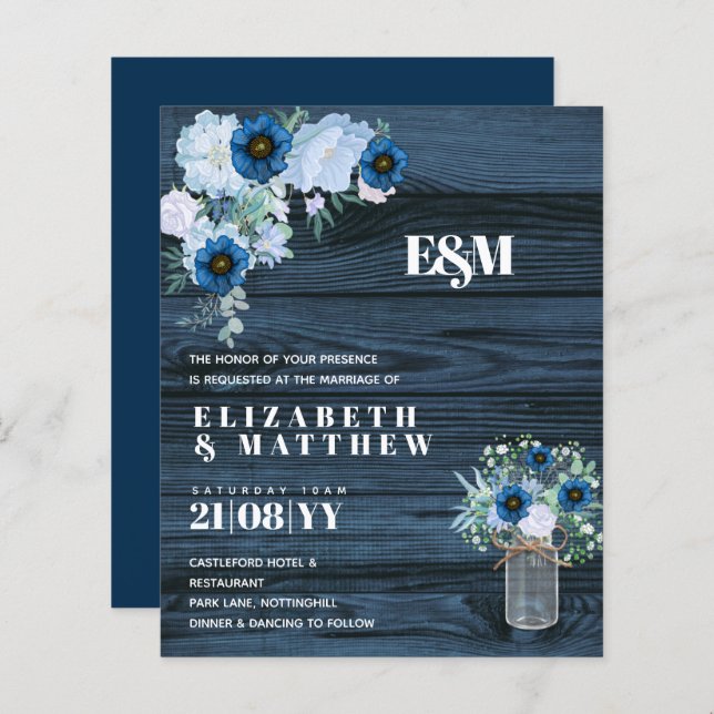 CONVITES DE CASAMENTO Florais Azuis BUDGET (Frente/Verso)