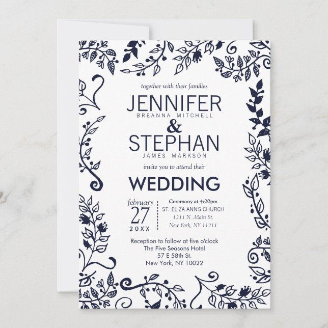 Convites de casamento Florais Azuis-Marinhos Branc (Frente)