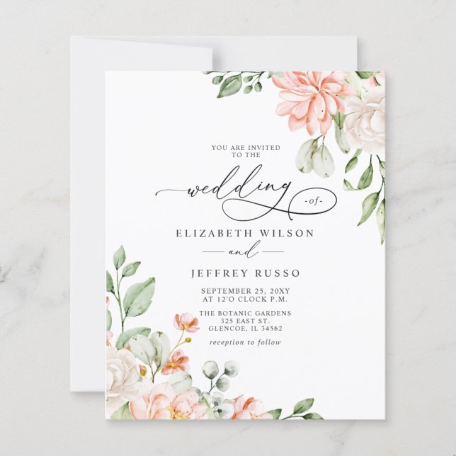 Convites de Casamento Florais Brancos com Rosa Bud (Frente)