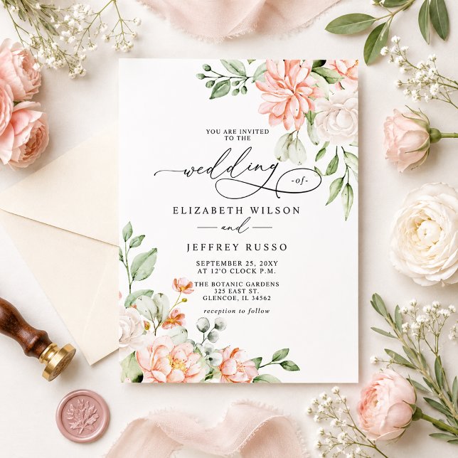 Convites de Casamento Florais Brancos com Rosa Bud (Budget Elegant Modern Blush White Floral Wedding Invitation)