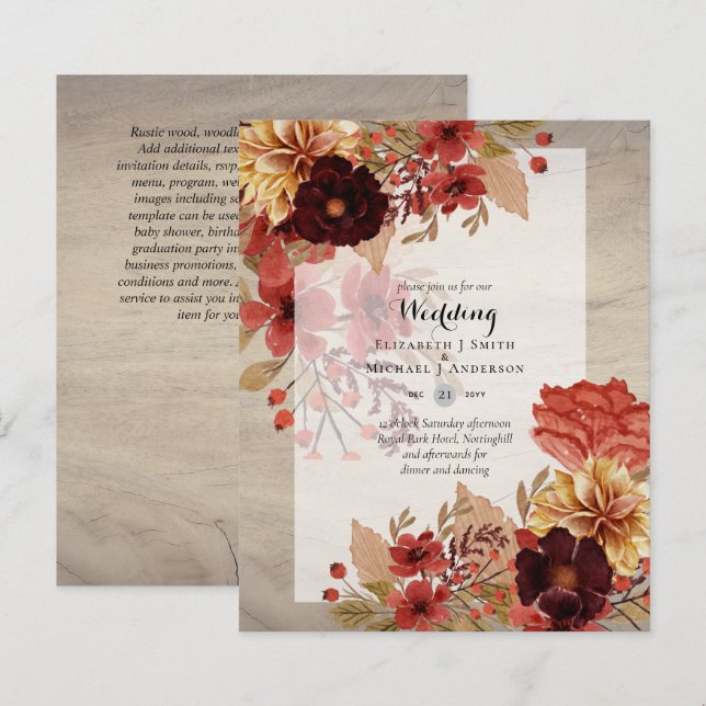 Convites de Casamento Florais BUDGET FALL - Empoei (Frente/Verso)