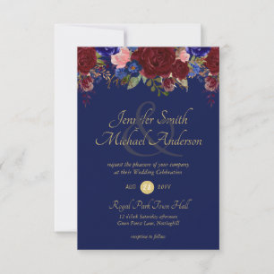 Convites de Casamento Florais Burgundy Navy