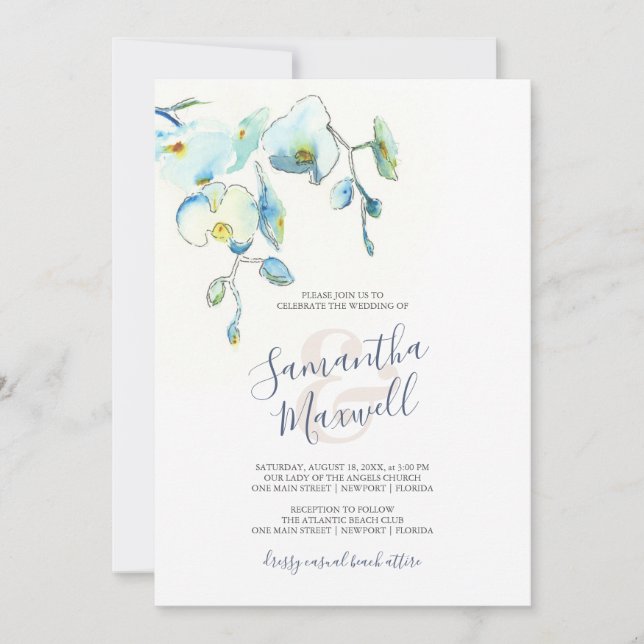Convites de Casamento Florais com Aquarela Azul (Frente)