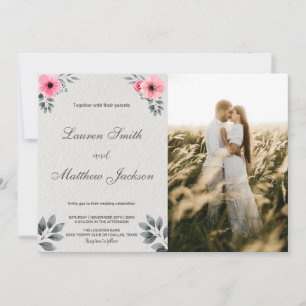 Convites de casamento florais cor-de-rosa com foto