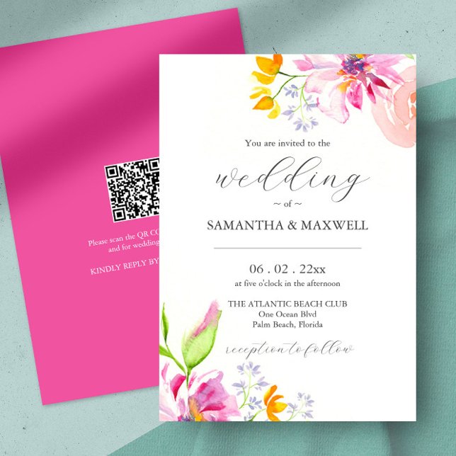 Convites de casamento Florais de Aquarela com Códi (watercolor floral wedding invites unique pink flower art by Victoria Grigaliunas of Do Tell A Belle)