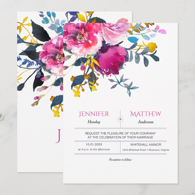 Convites de casamento Florais de Aquarela de Petai (Frente/Verso)