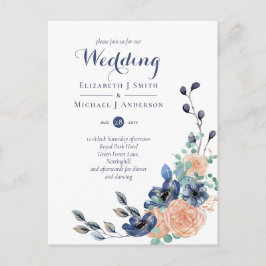 Convites de casamento Florais de Coral Azul Marinh