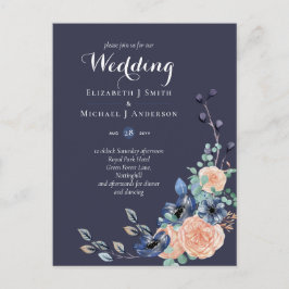 Convites de casamento Florais de Coral Azul Marinh