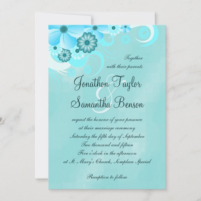 Convites de casamento Florais de Hibiscus Aqua Blu (Frente)