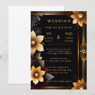 Convites de Casamento Florais Elegantes Dourados e