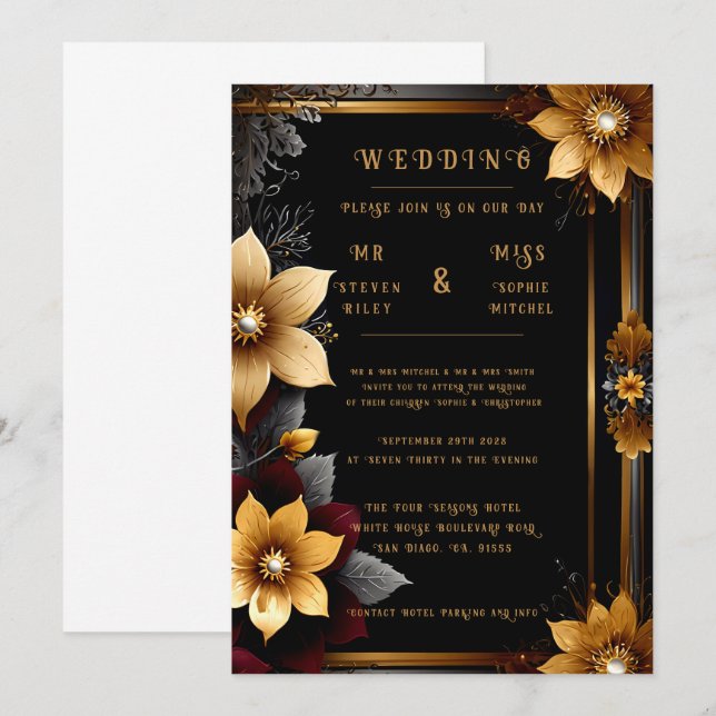 Convites de Casamento Florais Elegantes Dourados e (Frente/Verso)
