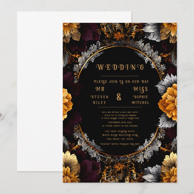 Convites de Casamento Florais Elegantes em Ouro e  (Frente/Verso)