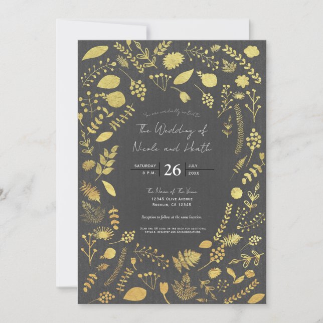 Convites de Casamento Florais em Cinza Carvão e Do (Frente)
