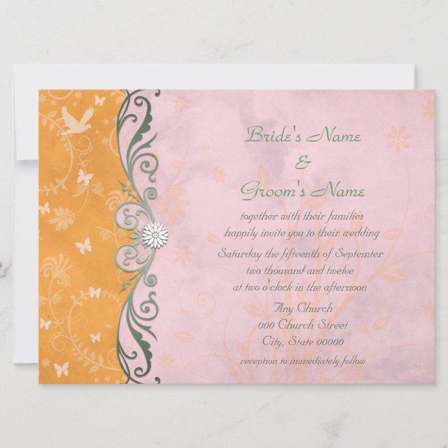 Convites de Casamento Florais Laranja e Rosa (Frente)
