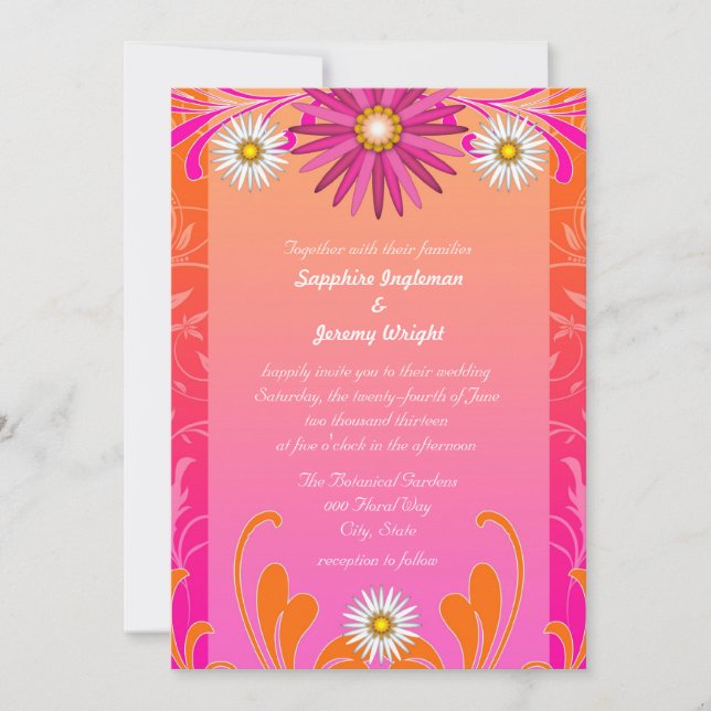 Convites de Casamento Florais Laranja e Rosa Choqu (Frente)