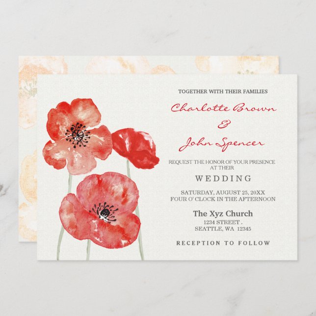 Convites de casamento florais Red Poppy (Frente/Verso)