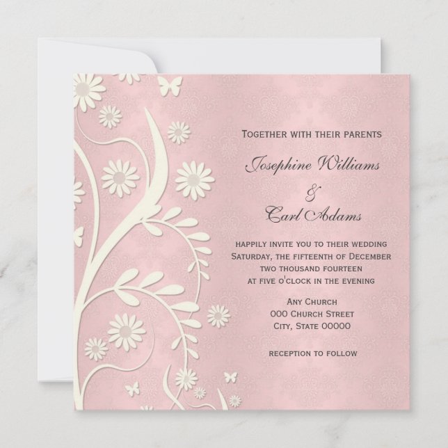 Convites de Casamento Florais Rosa Damasco Margari (Frente)