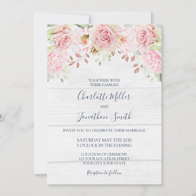 Convites de Casamento Florais Rosa Rústico para a  (Frente)